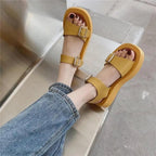 White Womans Sandals Flat Round Sandals Elegant Modern Buckle Strap Comfort Design Stevvex
