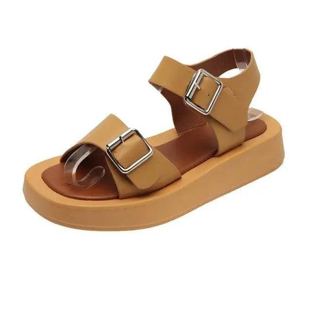 White Womans Sandals Flat Round Sandals Elegant Modern Buckle Strap Comfort Design Stevvex