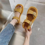 White Womans Sandals Flat Round Sandals Elegant Modern Buckle Strap Comfort Design Stevvex