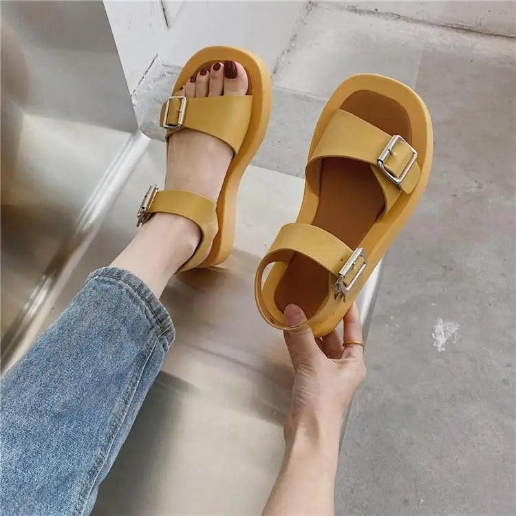 White Womans Sandals Flat Round Sandals Elegant Modern Buckle Strap Comfort Design Stevvex
