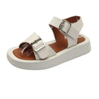 White Womans Sandals Flat Round Sandals Elegant Modern Buckle Strap Comfort Design Stevvex