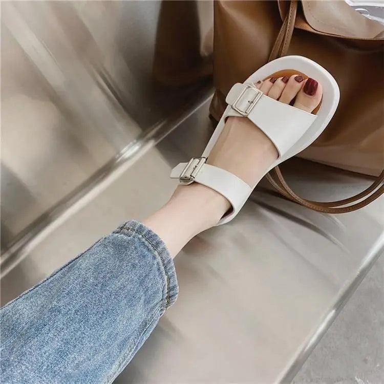 White Womans Sandals Flat Round Sandals Elegant Modern Buckle Strap Comfort Design Stevvex