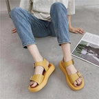White Womans Sandals Flat Round Sandals Elegant Modern Buckle Strap Comfort Design Stevvex