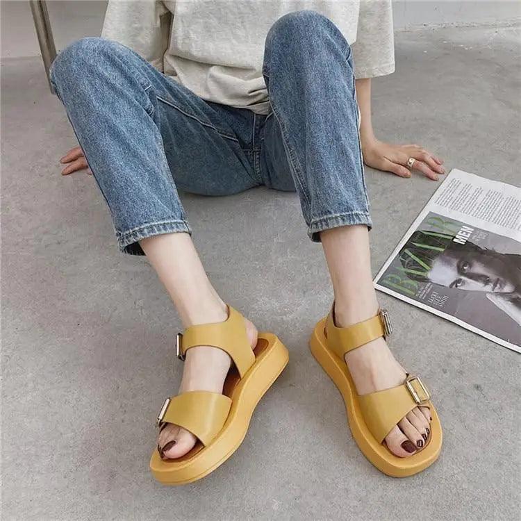 White Womans Sandals Flat Round Sandals Elegant Modern Buckle Strap Comfort Design Stevvex