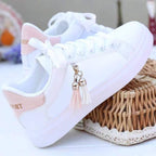 White Women Breathable Sneakers Casual Sports Flat Low Top Sneaker Lace-up Classic Shoes Girls Comfortable Women's Casual Flats Elegant Soft Walking Sneakers Stevvex