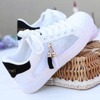 White Women Breathable Sneakers Casual Sports Flat Low Top Sneaker Lace-up Classic Shoes Girls Comfortable Women's Casual Flats Elegant Soft Walking Sneakers Stevvex