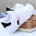 White Women Breathable Sneakers Casual Sports Flat Low Top Sneaker Lace-up Classic Shoes Girls Comfortable Women's Casual Flats Elegant Soft Walking Sneakers Stevvex