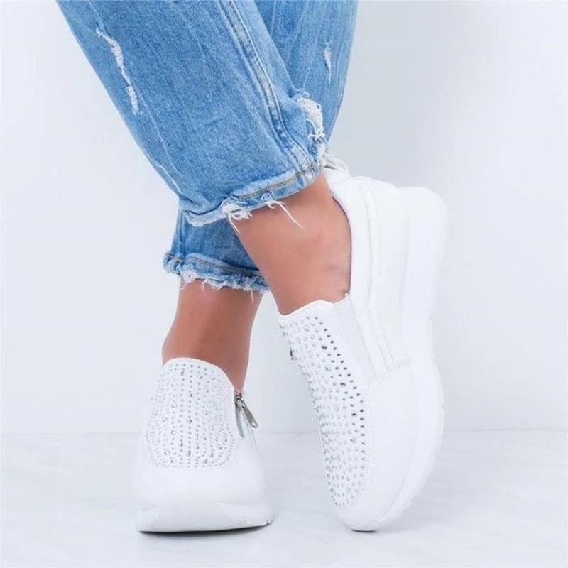 White Womens Crystal Sneakers Spring Autumn Casual Zipper Flat Shoes Non-slip Breathable Outdoor Espadrilles Breathable Mesh Simple Design Slip-On Shoes Women Mesh Casual Espadrilles Stevvex
