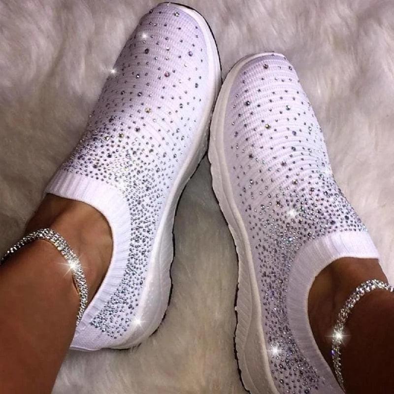 White Womens Crystal Sneakers Spring Autumn Casual Zipper Flat Shoes Non-slip Breathable Outdoor Espadrilles Breathable Mesh Simple Design Slip-On Shoes Women Mesh Casual Espadrilles Stevvex
