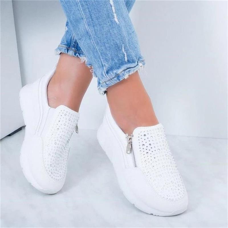 White Womens Crystal Sneakers Spring Autumn Casual Zipper Flat Shoes Non-slip Breathable Outdoor Espadrilles Breathable Mesh Simple Design Slip-On Shoes Women Mesh Casual Espadrilles Stevvex
