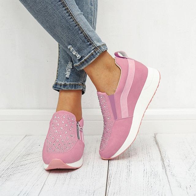 White Womens Crystal Sneakers Spring Autumn Casual Zipper Flat Shoes Non-slip Breathable Outdoor Espadrilles Breathable Mesh Simple Design Slip-On Shoes Women Mesh Casual Espadrilles Stevvex