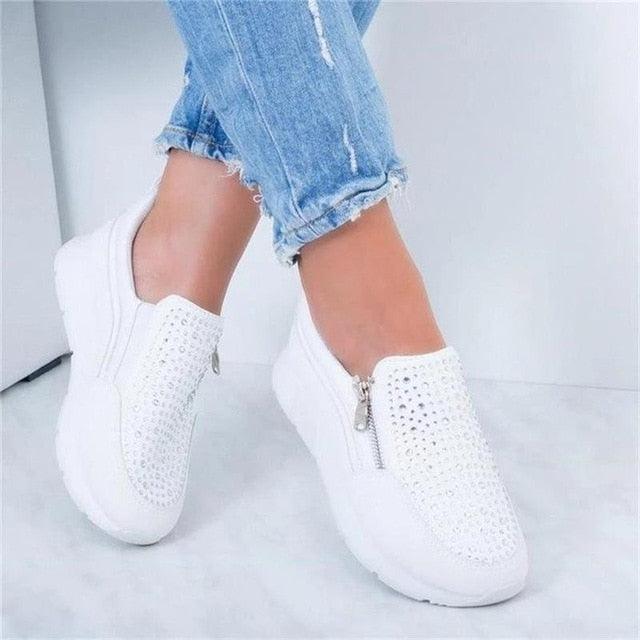 White Womens Crystal Sneakers Spring Autumn Casual Zipper Flat Shoes Non-slip Breathable Outdoor Espadrilles Breathable Mesh Simple Design Slip-On Shoes Women Mesh Casual Espadrilles Stevvex