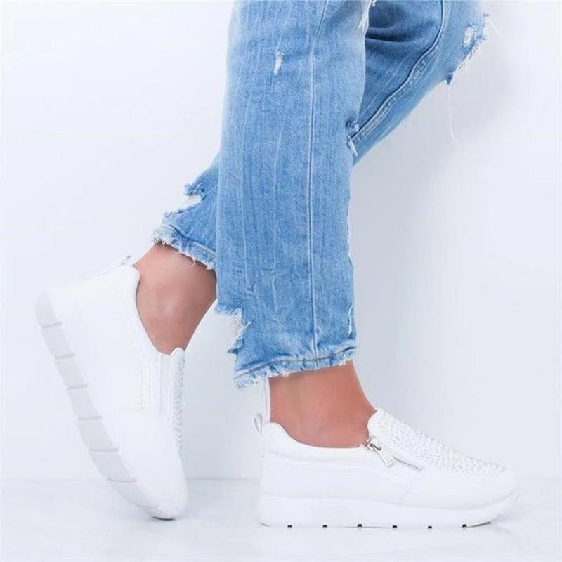 White Womens Crystal Sneakers Spring Autumn Casual Zipper Flat Shoes Non-slip Breathable Outdoor Espadrilles Breathable Mesh Simple Design Slip-On Shoes Women Mesh Casual Espadrilles Stevvex