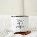 Tired As A Mother Campfire Mug Heavy Duty 15oz Oversized Ceramic Mug White Sesame Glaze Black Rim BandsCo Straps