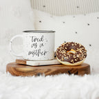 Tired As A Mother Campfire Mug Heavy Duty 15oz Oversized Ceramic Mug White Sesame Glaze Black Rim BandsCo Straps