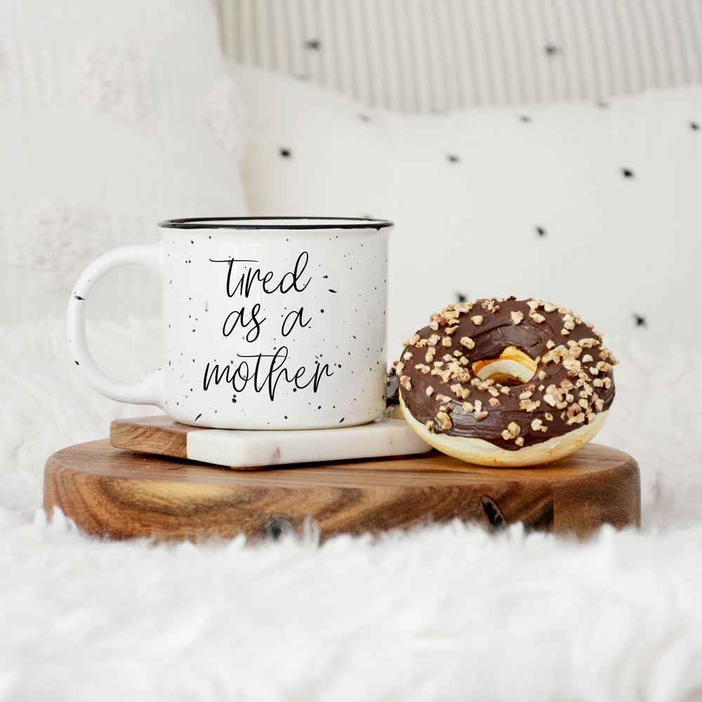 Tired As A Mother Campfire Mug Heavy Duty 15oz Oversized Ceramic Mug White Sesame Glaze Black Rim BandsCo Straps