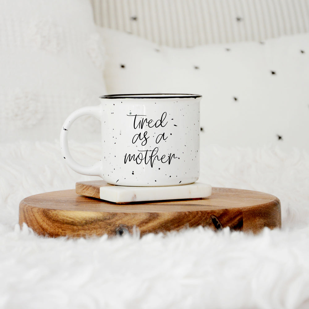 Tired As A Mother Campfire Mug Heavy Duty 15oz Oversized Ceramic Mug White Sesame Glaze Black Rim BandsCo Straps