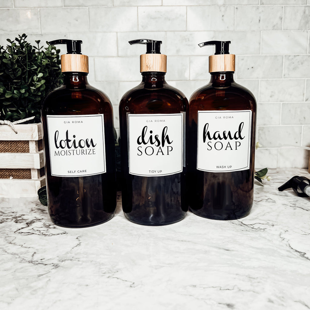 32 Oz Amber Glass Reusable Dispenser Bottle For Soap Laundry Mouthwash Refillable Pump Included BandsCo Straps
