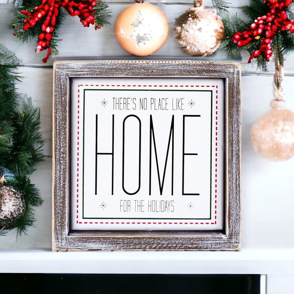 Holiday Home Wall Sign 7 Inch Framed Wood Metal Accent No Place Like Home For The Holidays BandsCo Straps
