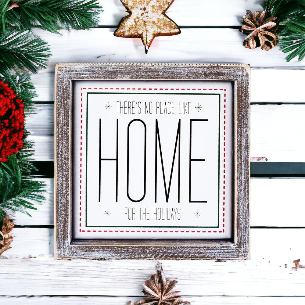 Holiday Home Wall Sign 7 Inch Framed Wood Metal Accent No Place Like Home For The Holidays BandsCo Straps