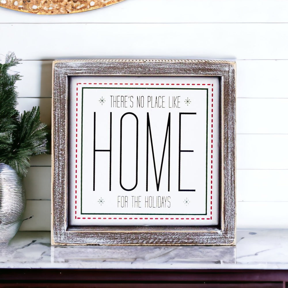 Holiday Home Wall Sign 7 Inch Framed Wood Metal Accent No Place Like Home For The Holidays BandsCo Straps