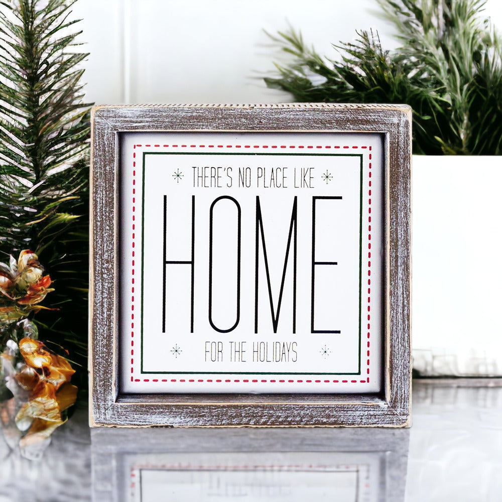 Holiday Home Wall Sign 7 Inch Framed Wood Metal Accent No Place Like Home For The Holidays BandsCo Straps
