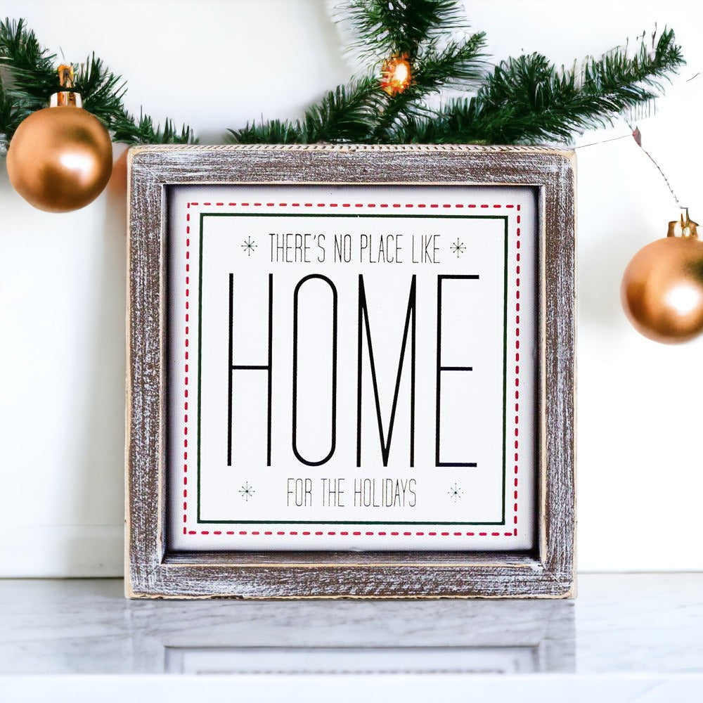 Holiday Home Wall Sign 7 Inch Framed Wood Metal Accent No Place Like Home For The Holidays BandsCo Straps