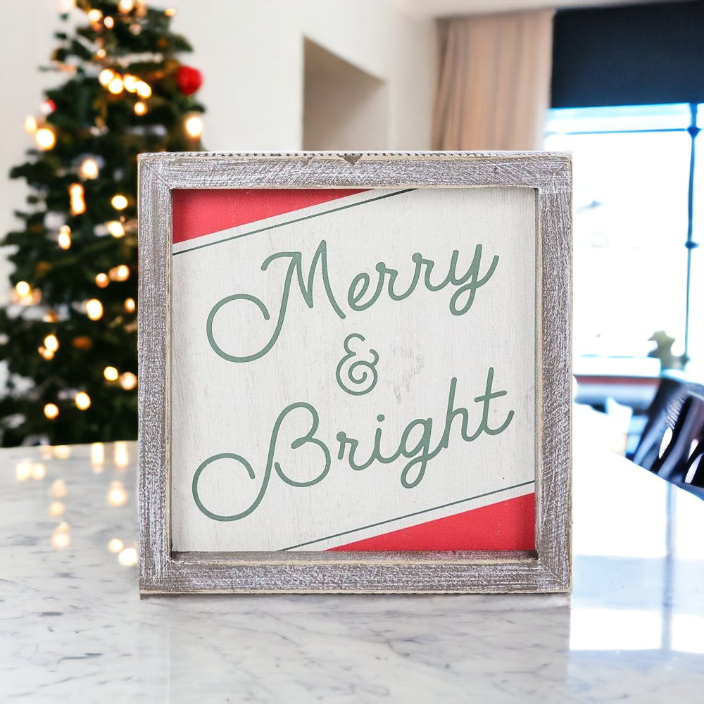 Merry And Bright 7 Inch Wood Christmas Wall Sign Red Green White Holiday Home Decor 7x7x1.5 BandsCo Straps