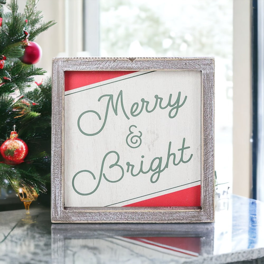 Merry And Bright 7 Inch Wood Christmas Wall Sign Red Green White Holiday Home Decor 7x7x1.5 BandsCo Straps