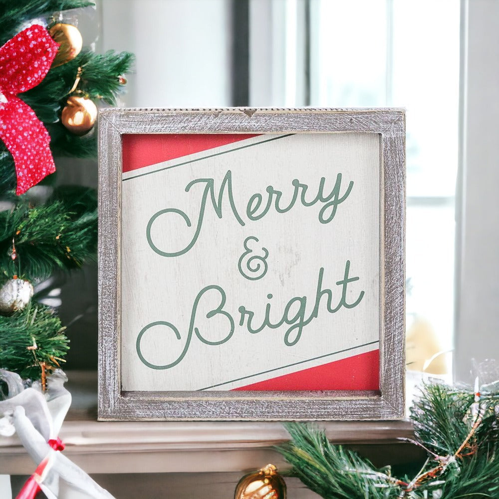 Merry And Bright 7 Inch Wood Christmas Wall Sign Red Green White Holiday Home Decor 7x7x1.5 BandsCo Straps