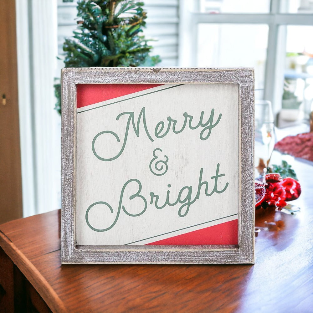 Merry And Bright 7 Inch Wood Christmas Wall Sign Red Green White Holiday Home Decor 7x7x1.5 BandsCo Straps
