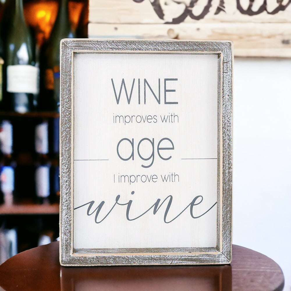 Wine Improves With Age Wood Sign 8x10 Premium Rustic White Grey Hanging Freestanding Decor BandsCo Straps