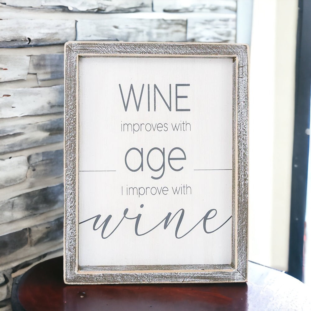 Wine Improves With Age Wood Sign 8x10 Premium Rustic White Grey Hanging Freestanding Decor BandsCo Straps