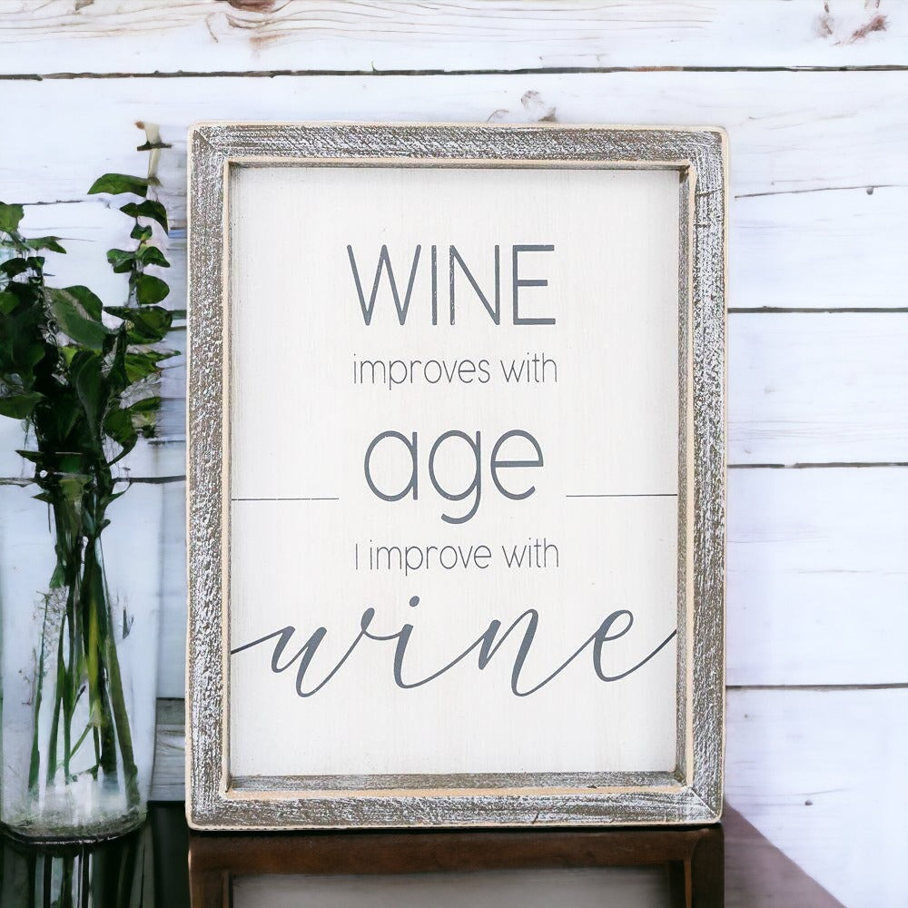 Wine Improves With Age Wood Sign 8x10 Premium Rustic White Grey Hanging Freestanding Decor BandsCo Straps