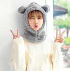 Winter Cute Bear Ears Warm Hat Windproof Neck Scarf Cap Student Women Plus Cashmere Cap Unisex Keep Warm Sports Beanies Knitted Headgear Face Hooded Cowl Neckerchief with Drawstring Soft Balaclava Pullover Knitted Beanie