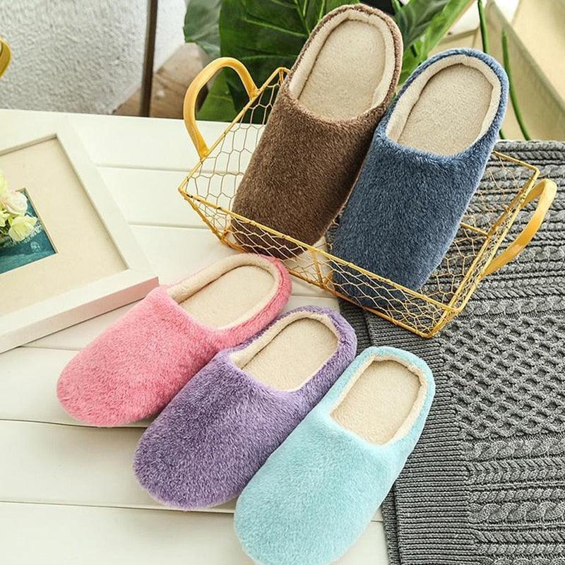 Winter Home Men And Women Solid Color Slippers Fashion Couple Plush Slippers Warm Indoors Bedroom Floor Shoes Warm Cotton Memory Foam Slippers Soft Yarn House Slippers Stevvex
