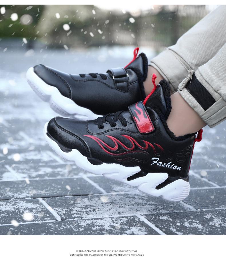 Winter Kids Sneakers Leather Children Sports Shoes Plush Warm Running Shoes For Boys Fashion Casual Walking Sneakers Water Resistant Hiking Boots Non Slip Athletic Outdoor Sneakers Stevvex