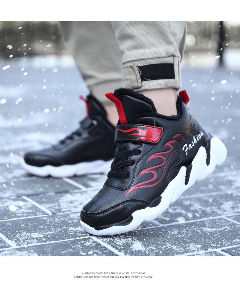 Winter Kids Sneakers Leather Children Sports Shoes Plush Warm Running Shoes For Boys Fashion Casual Walking Sneakers Water Resistant Hiking Boots Non Slip Athletic Outdoor Sneakers Stevvex