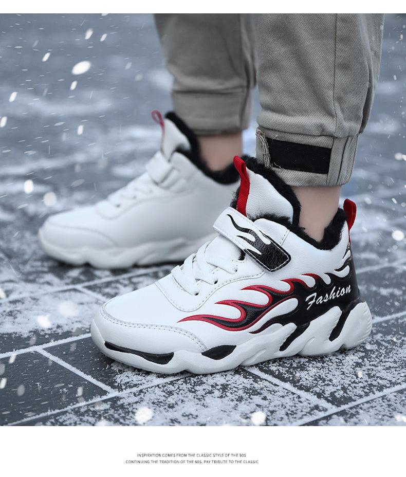 Winter Kids Sneakers Leather Children Sports Shoes Plush Warm Running Shoes For Boys Fashion Casual Walking Sneakers Water Resistant Hiking Boots Non Slip Athletic Outdoor Sneakers Stevvex