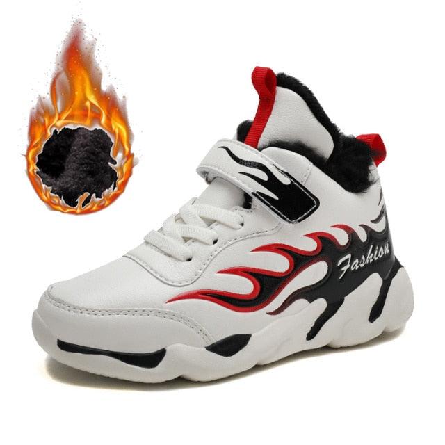 Winter Kids Sneakers Leather Children Sports Shoes Plush Warm Running Shoes For Boys Fashion Casual Walking Sneakers Water Resistant Hiking Boots Non Slip Athletic Outdoor Sneakers Stevvex