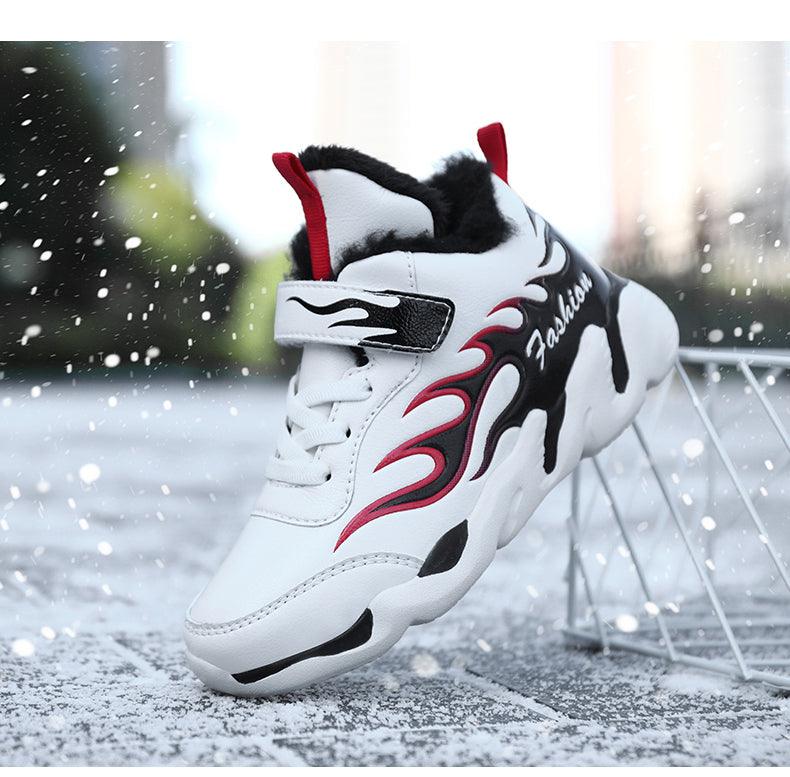 Winter Kids Sneakers Leather Children Sports Shoes Plush Warm Running Shoes For Boys Fashion Casual Walking Sneakers Water Resistant Hiking Boots Non Slip Athletic Outdoor Sneakers Stevvex
