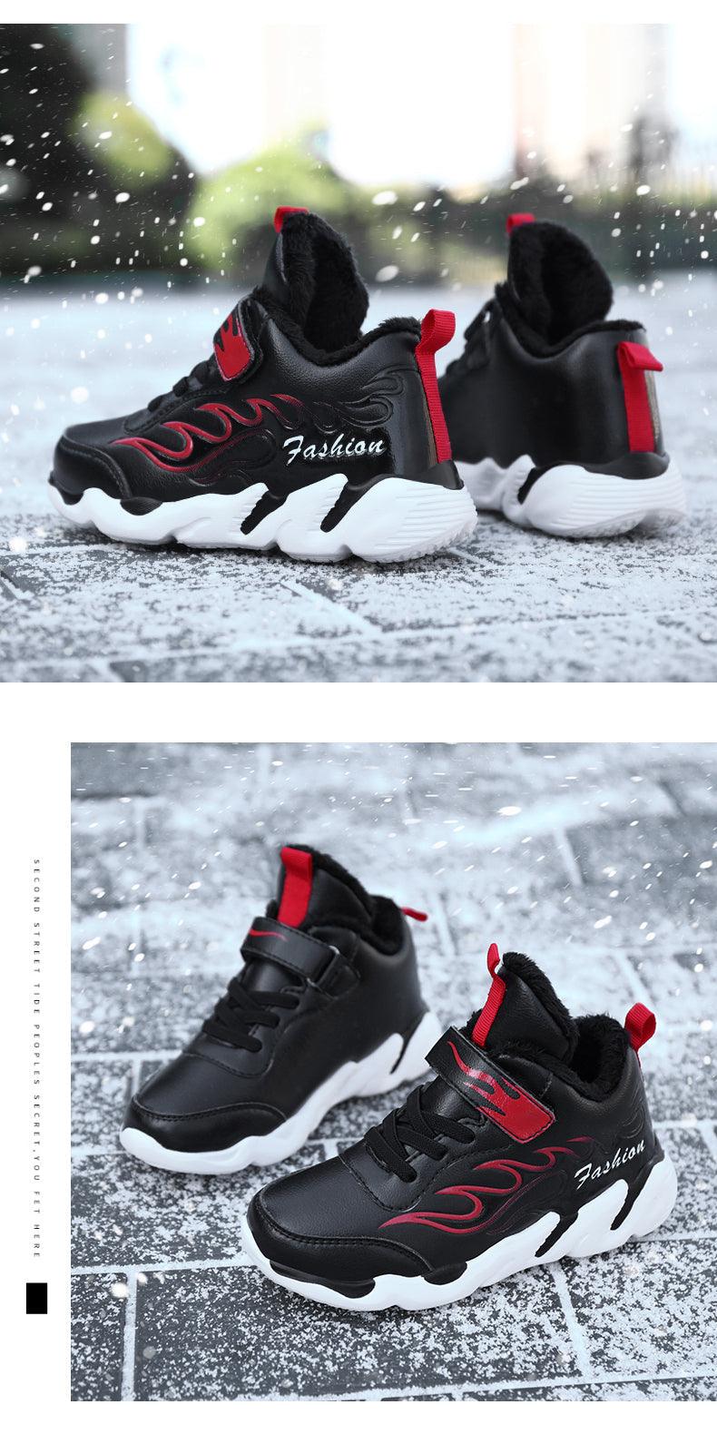 Winter Kids Sneakers Leather Children Sports Shoes Plush Warm Running Shoes For Boys Fashion Casual Walking Sneakers Water Resistant Hiking Boots Non Slip Athletic Outdoor Sneakers Stevvex