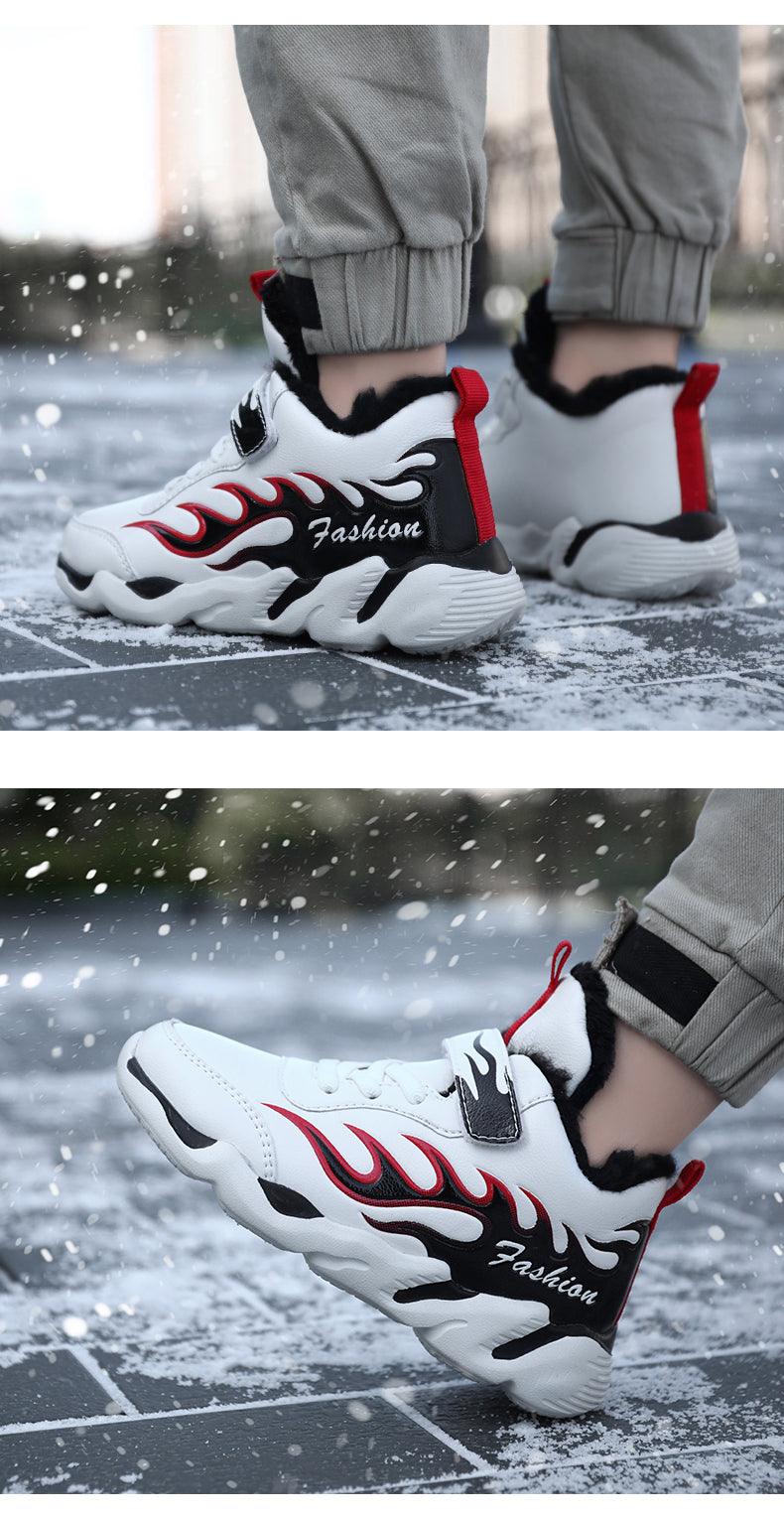 Winter Kids Sneakers Leather Children Sports Shoes Plush Warm Running Shoes For Boys Fashion Casual Walking Sneakers Water Resistant Hiking Boots Non Slip Athletic Outdoor Sneakers Stevvex