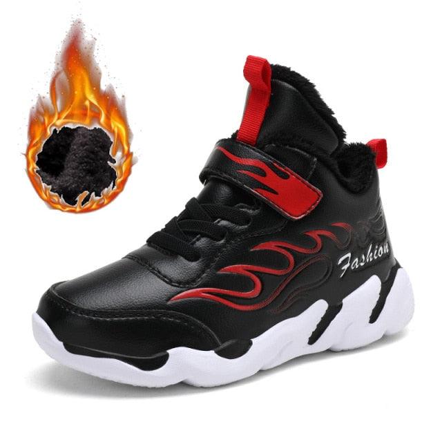 Winter Kids Sneakers Leather Children Sports Shoes Plush Warm Running Shoes For Boys Fashion Casual Walking Sneakers Water Resistant Hiking Boots Non Slip Athletic Outdoor Sneakers Stevvex