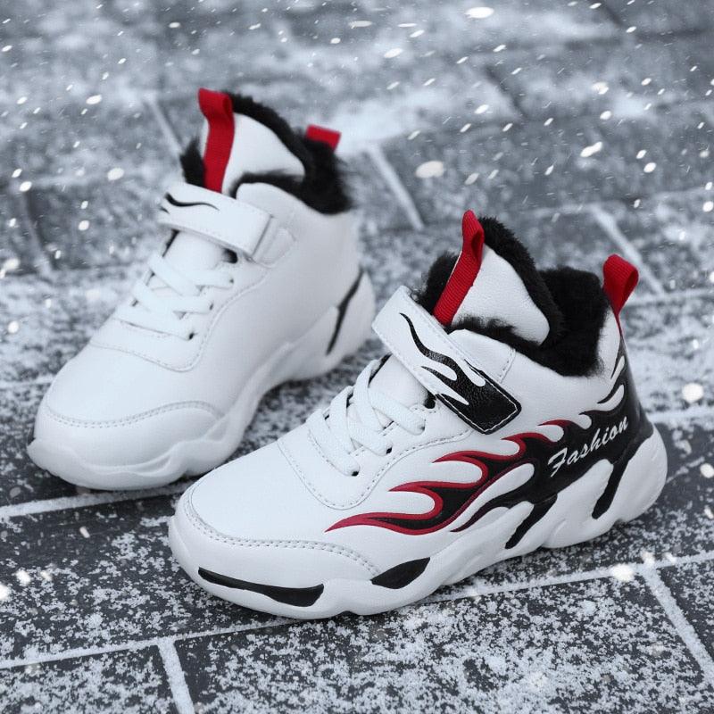 Winter Kids Sneakers Leather Children Sports Shoes Plush Warm Running Shoes For Boys Fashion Casual Walking Sneakers Water Resistant Hiking Boots Non Slip Athletic Outdoor Sneakers Stevvex