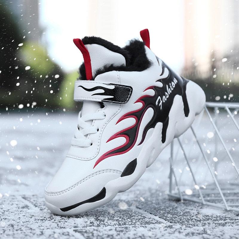 Winter Kids Sneakers Leather Children Sports Shoes Plush Warm Running Shoes For Boys Fashion Casual Walking Sneakers Water Resistant Hiking Boots Non Slip Athletic Outdoor Sneakers Stevvex