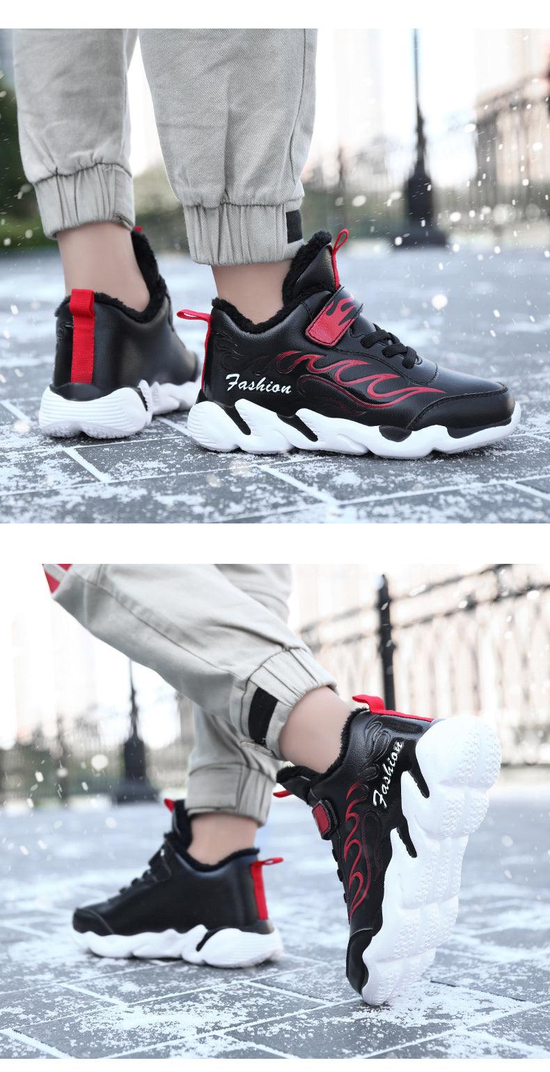 Winter Kids Sneakers Leather Children Sports Shoes Plush Warm Running Shoes For Boys Fashion Casual Walking Sneakers Water Resistant Hiking Boots Non Slip Athletic Outdoor Sneakers Stevvex