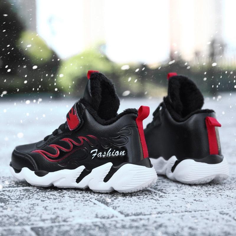 Winter Kids Sneakers Leather Children Sports Shoes Plush Warm Running Shoes For Boys Fashion Casual Walking Sneakers Water Resistant Hiking Boots Non Slip Athletic Outdoor Sneakers Stevvex