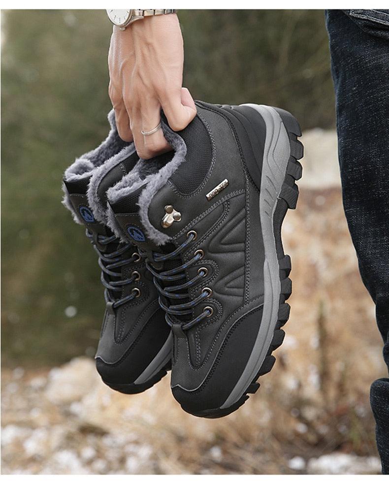 Winter Men's Boots Warm Snow Boots High Quality Leather Waterproof Outdoor Men Hiking Boots Waterproof Non-Slip Trail Fur Lined Ankle Boots Leather Winter Shoes Stevvex