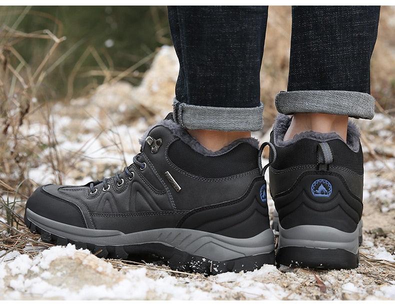 Winter Men's Boots Warm Snow Boots High Quality Leather Waterproof Outdoor Men Hiking Boots Waterproof Non-Slip Trail Fur Lined Ankle Boots Leather Winter Shoes Stevvex